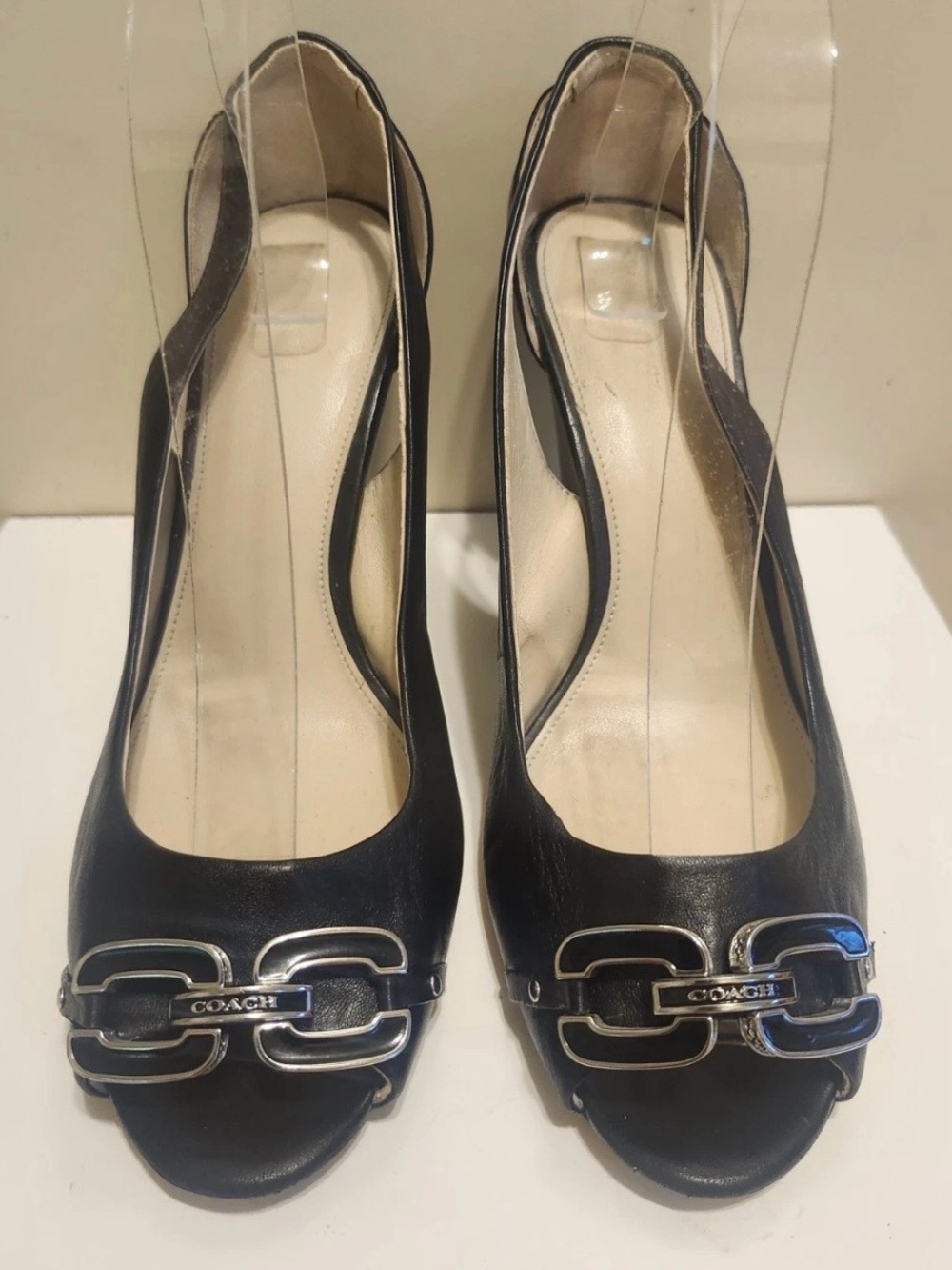 Coach Black Leather Wedge Peep-Toe Sandals with Silver Hardware size 9
